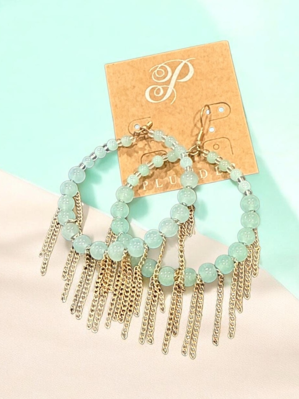 Plunder Mint Green Beaded Fringe Hoop Earrings